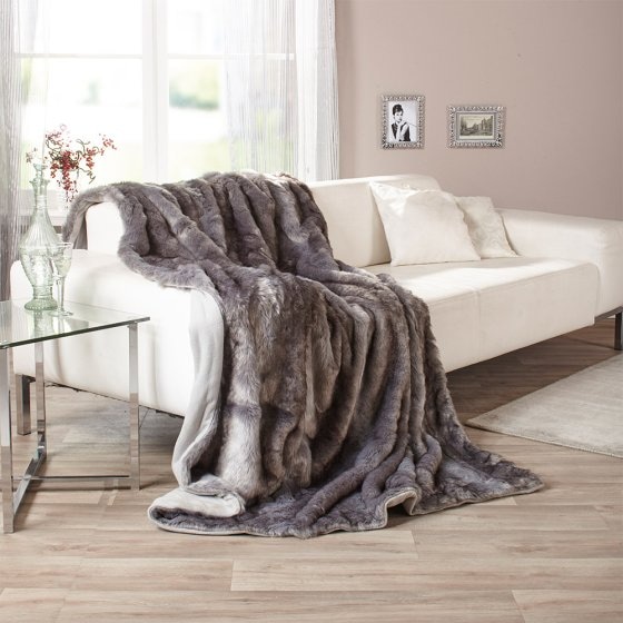 Couverture en fausse fourrure aspect « loup » Argenté