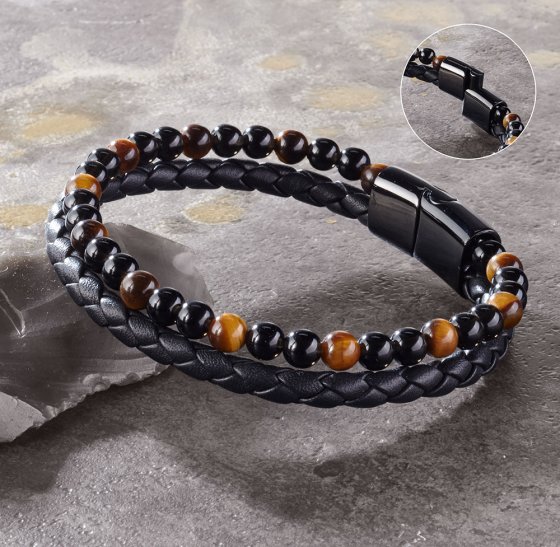 Bracelet homme cuir et pierres précieuses