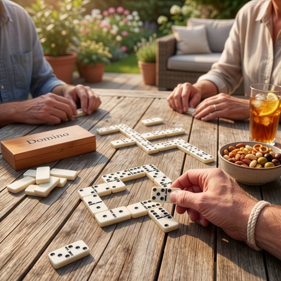 Boîte en bois contenant un grand domino 
