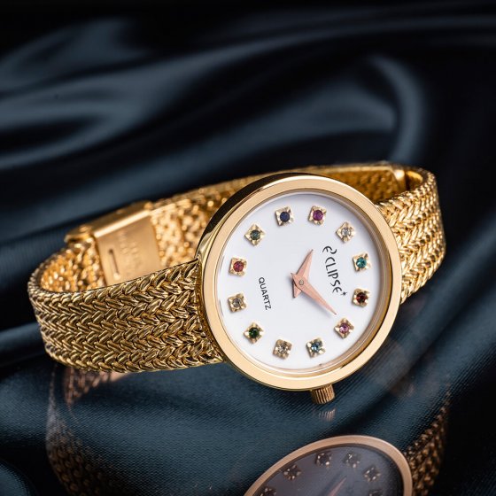 Montre plaqué or femme avec pierres précieuses 