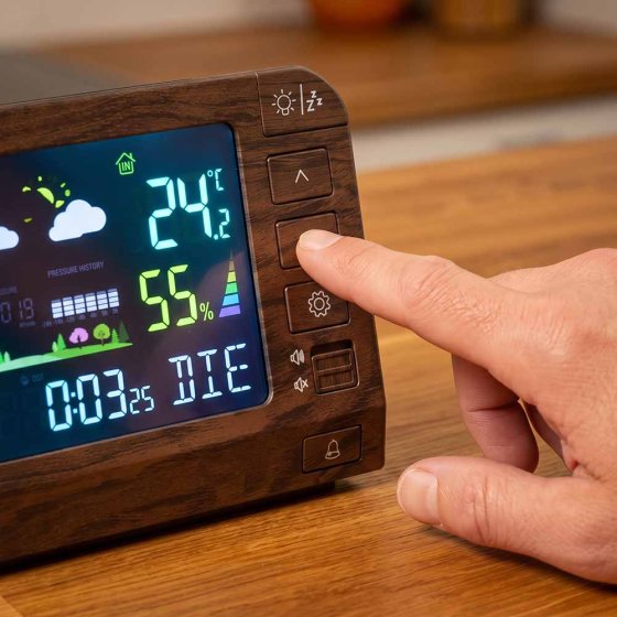 Station météo de table télécommandée, aspect bois 