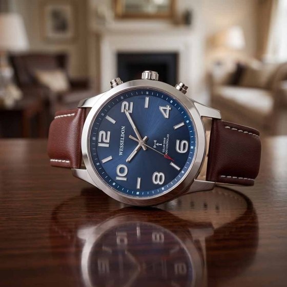 Montre solaire à radio-pilotage avec bracelet en cuir 